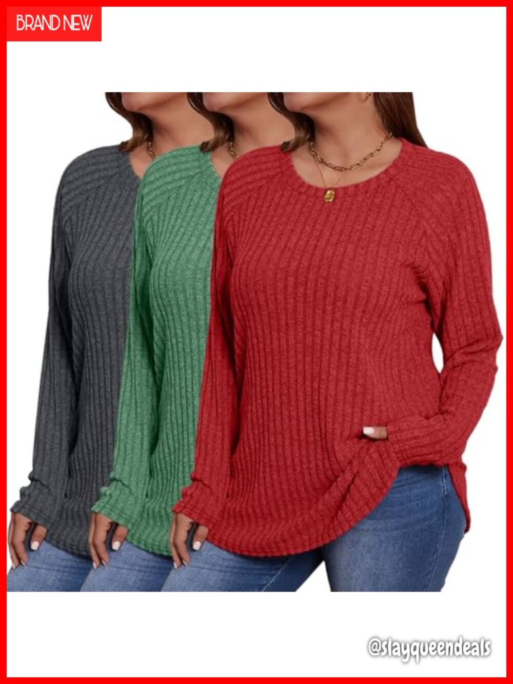 Plus Size Thermal Sweater Tops 3 Pack Long Sleeve Tunic Pullover Crew Neck